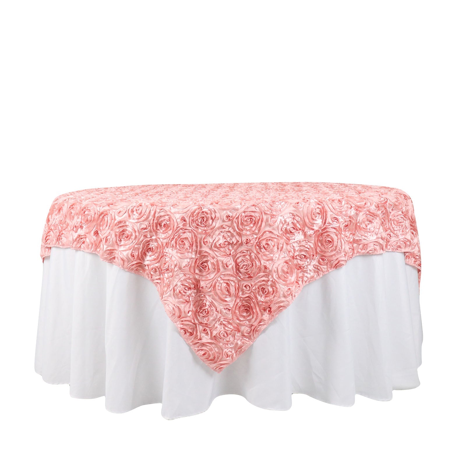 Dusty rose 3D rosette satin table overlay on a round table.