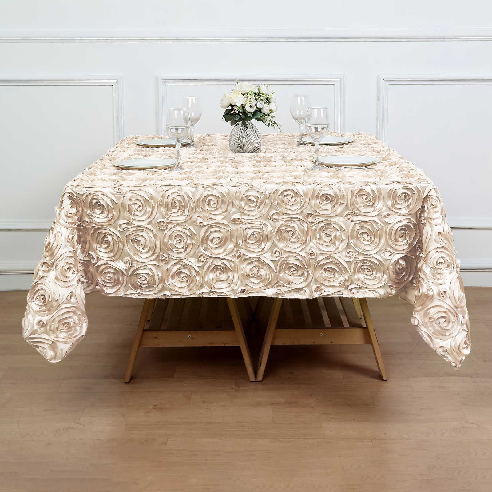 Beige 72 Inch X 72 Inch Satin Square Tablecloth With 3D Rosette Design