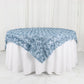 Dusty blue 3D rosette satin table overlay on a round table.