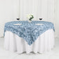 Dusty blue 3D rosette satin table overlay on a round table with white linens.