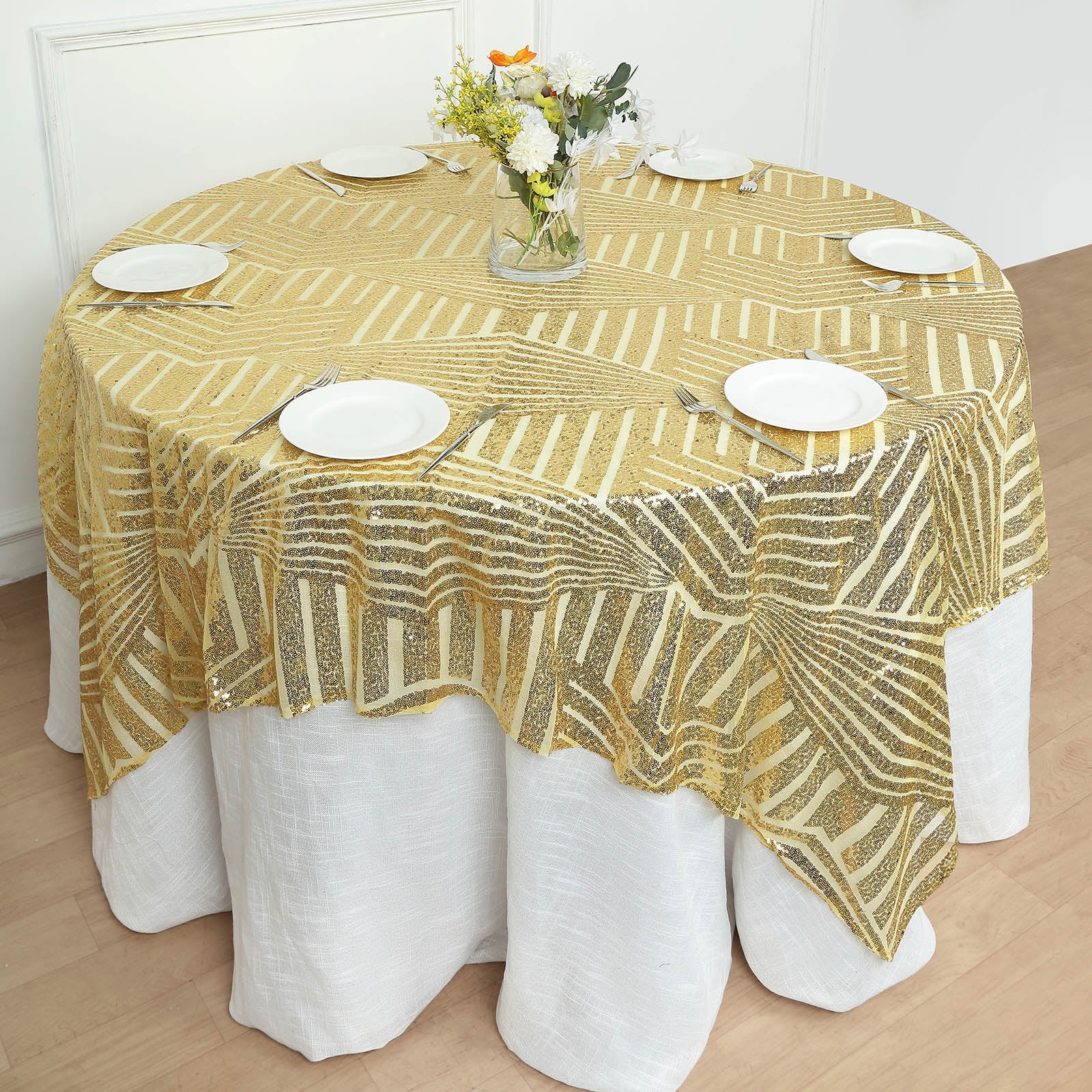 Gold sequin table overlay topper for elegant events.