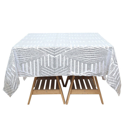 Silver diamond glitz sequin table overlay topper, 72" square.