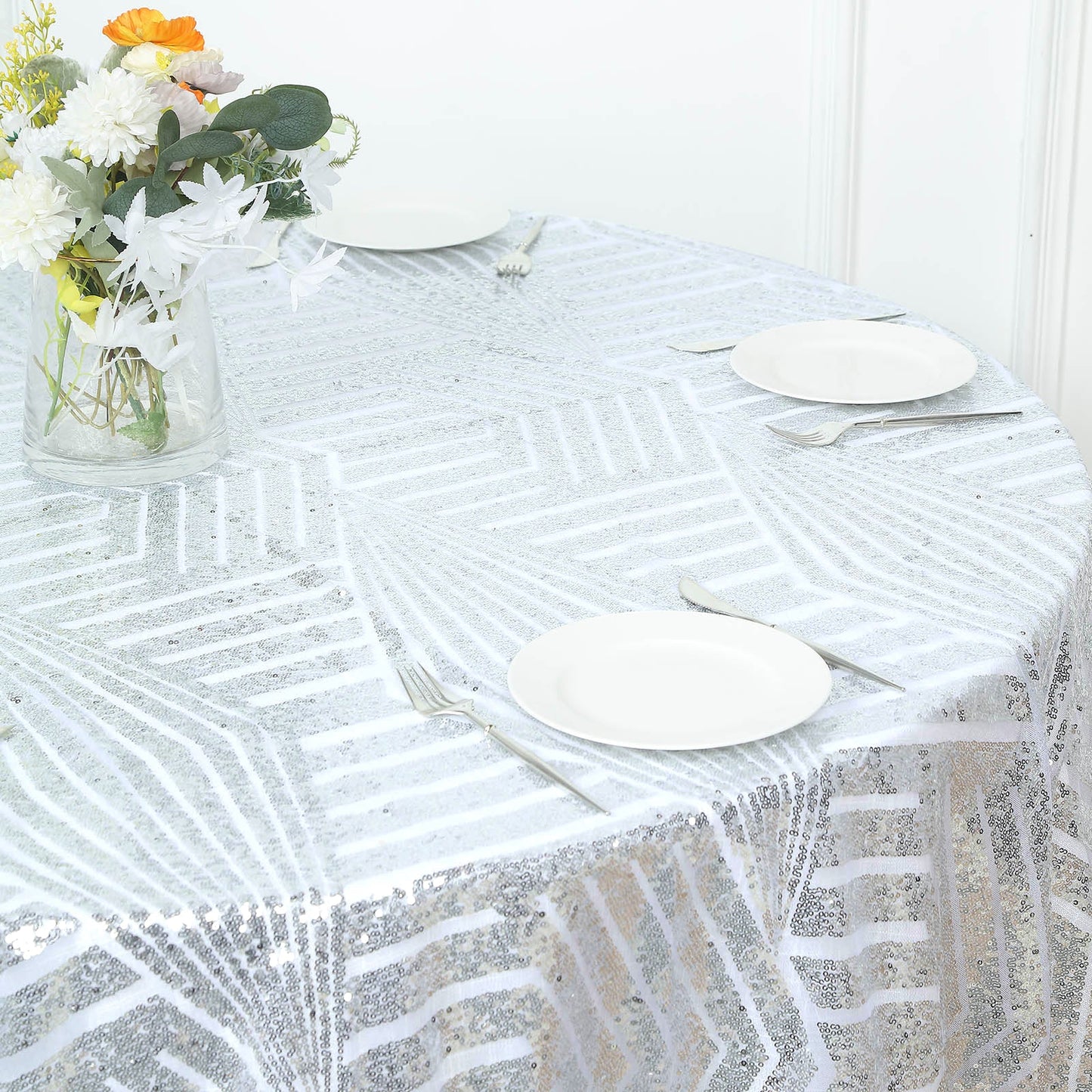 Silver diamond glitz sequin table overlay for elegant decor.