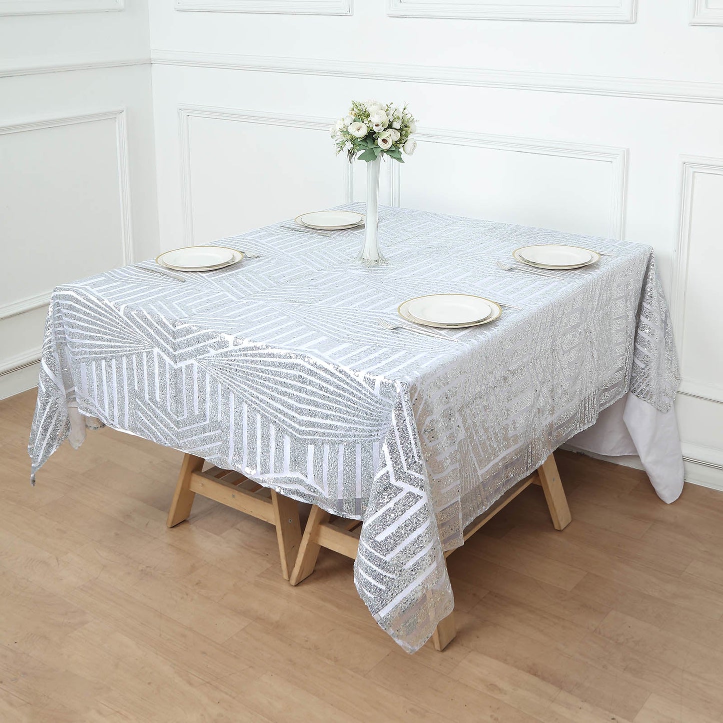 Silver sequin table overlay topper for elegant decor.