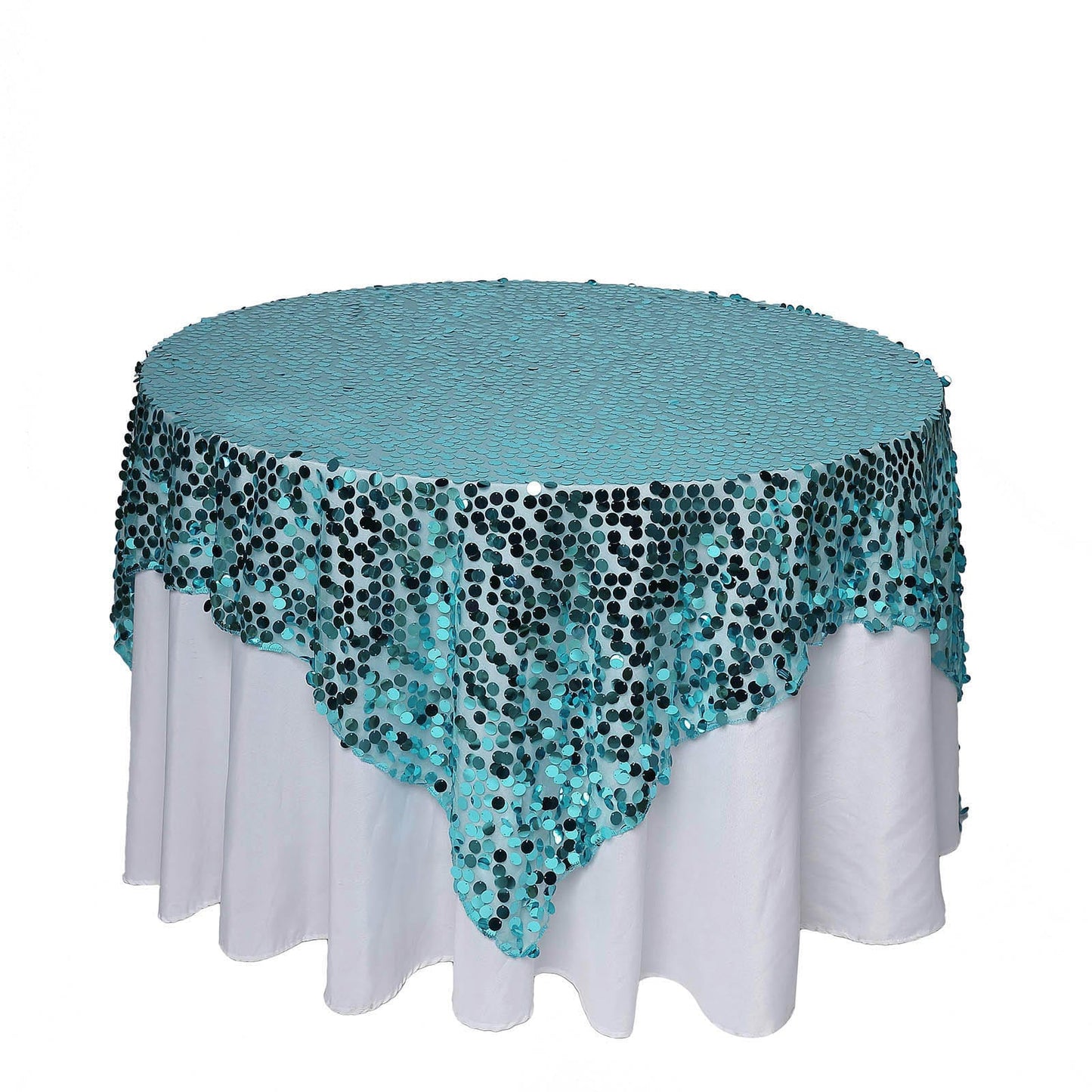 Turquoise sequin table overlay for elegant events and celebrations.