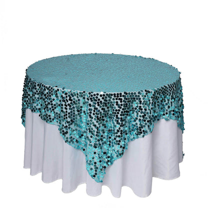 Turquoise sequin table overlay for elegant events and celebrations.