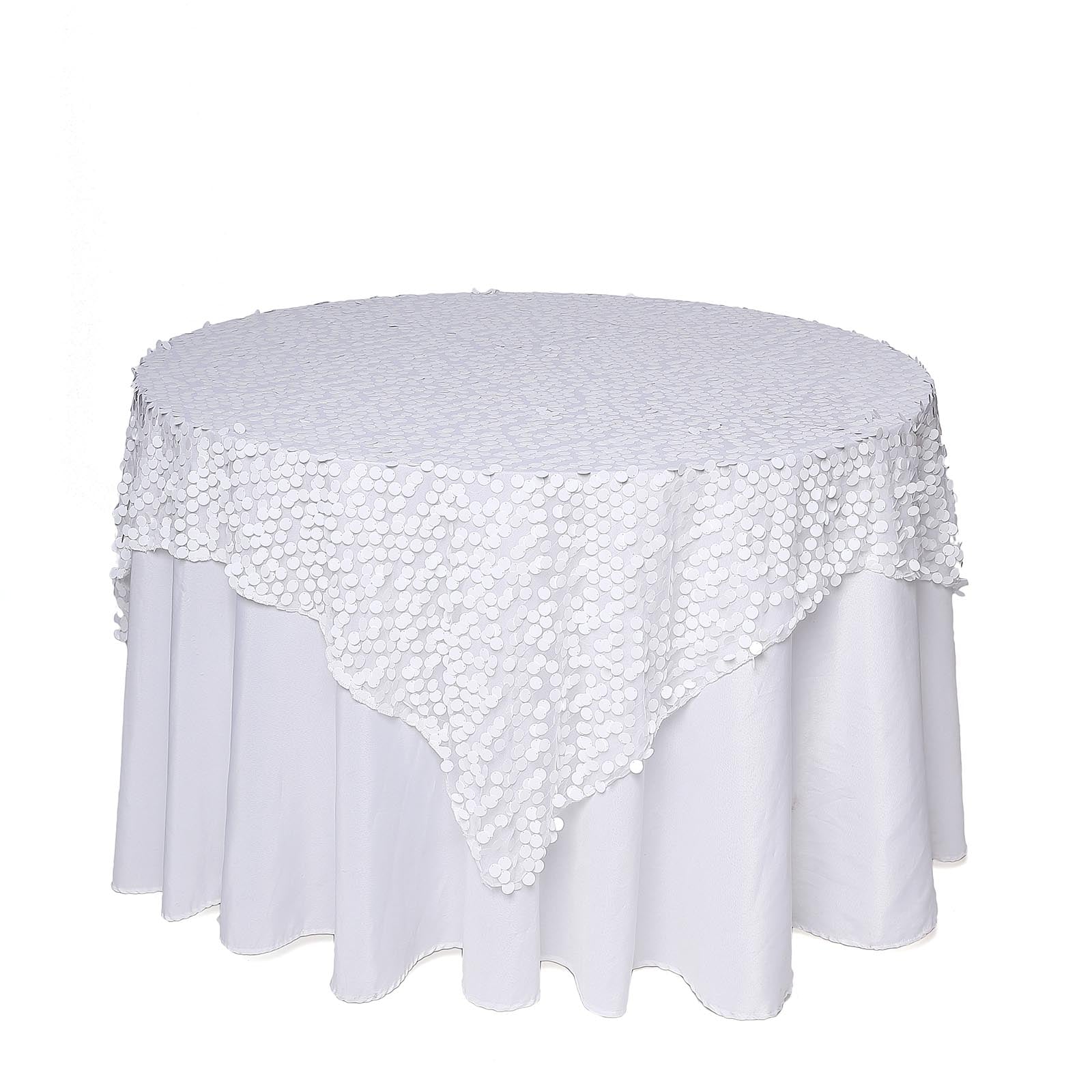 White Big Payette Sequin Square Table Overlay on a round table.
