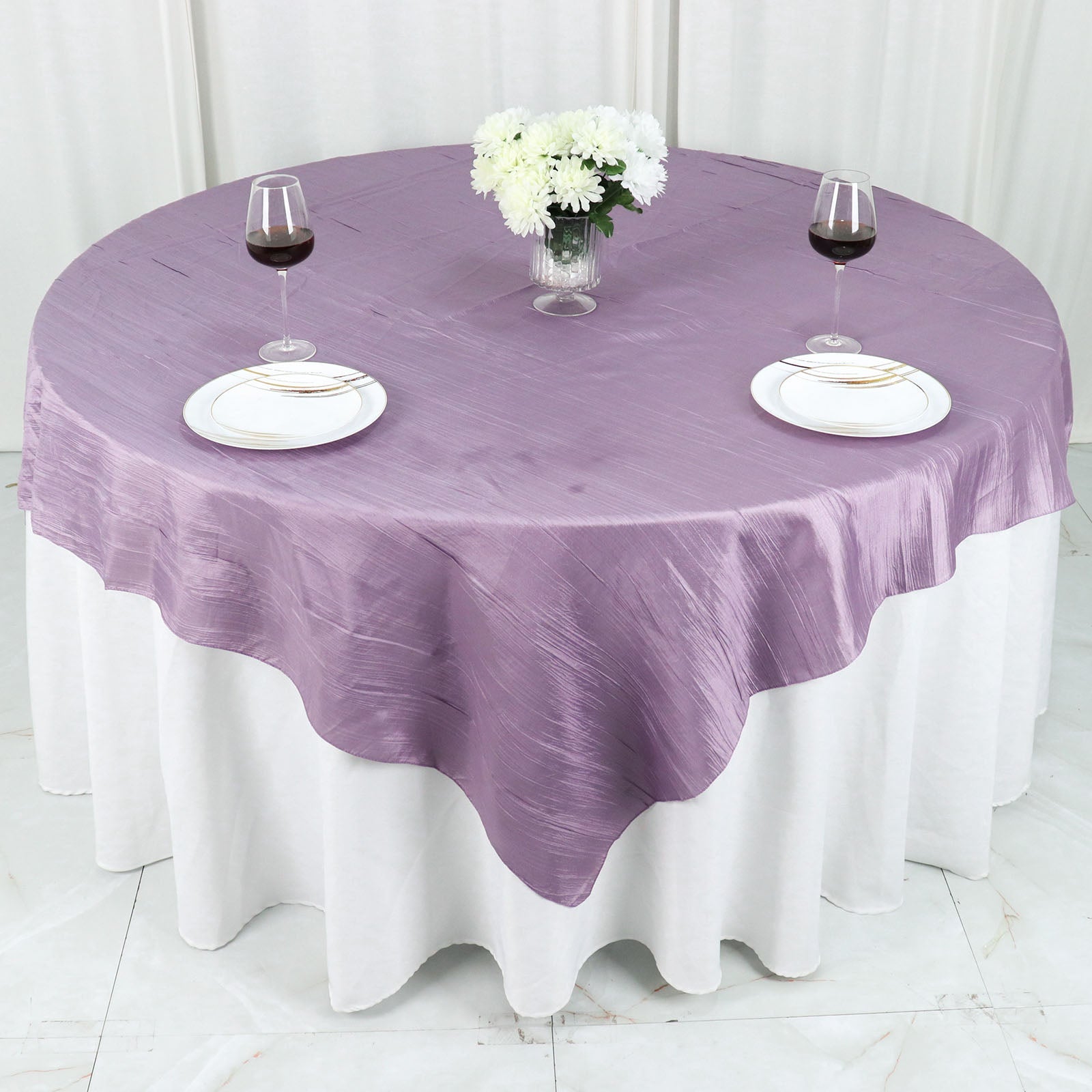 Crinkle Taffeta Accordion Violet Amethyst Square Table Overlay 72 Inch x 72 Inch 