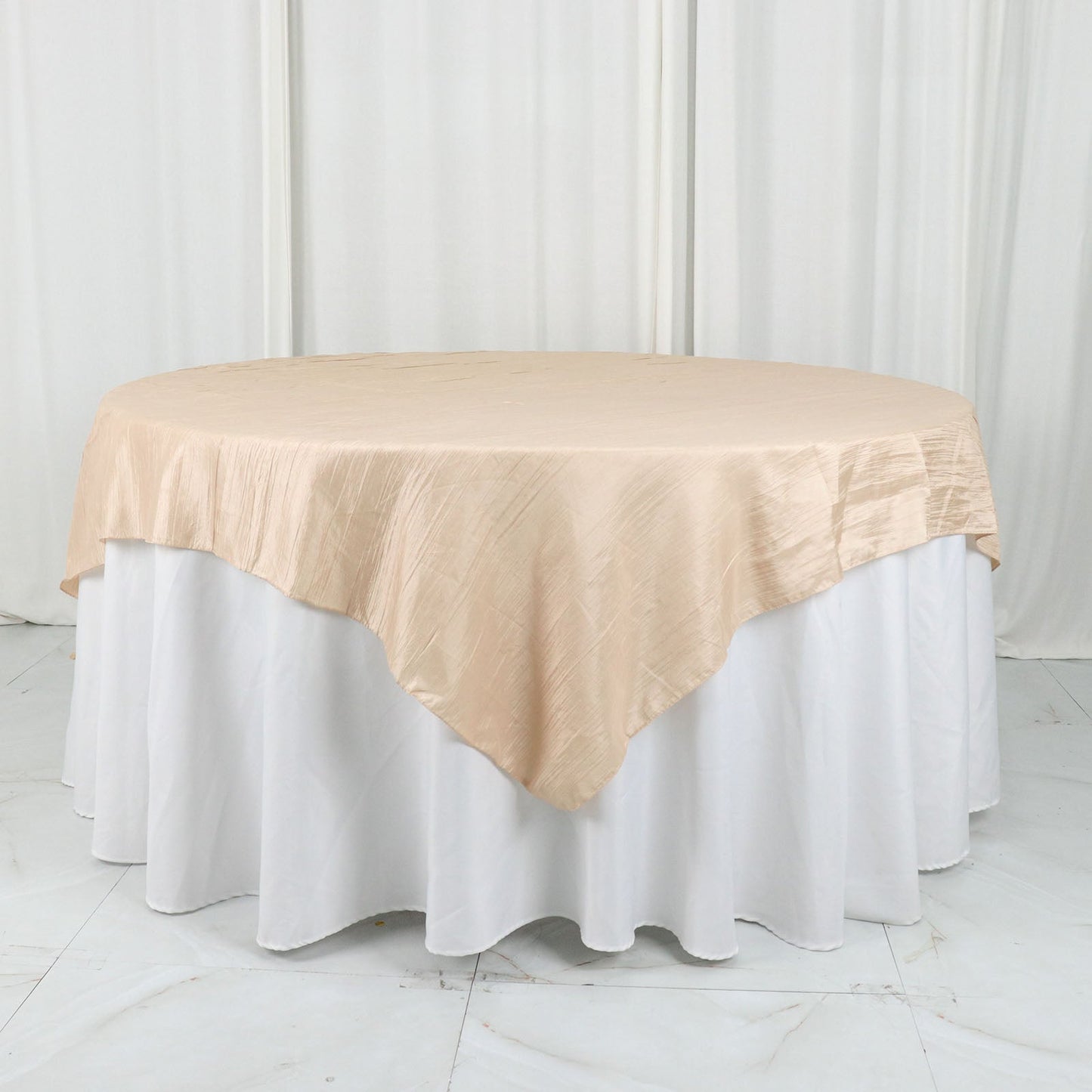 Beige Square Taffeta Accordion Crinkle Table Overlay 72 Inch x 72 Inch 