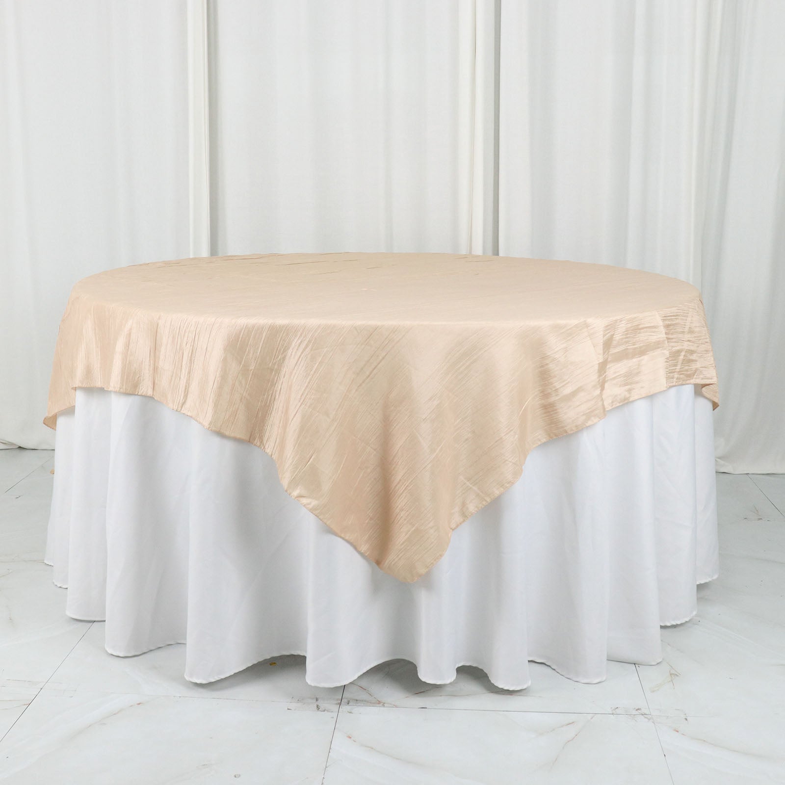 Beige Square Taffeta Accordion Crinkle Table Overlay 72 Inch x 72 Inch 