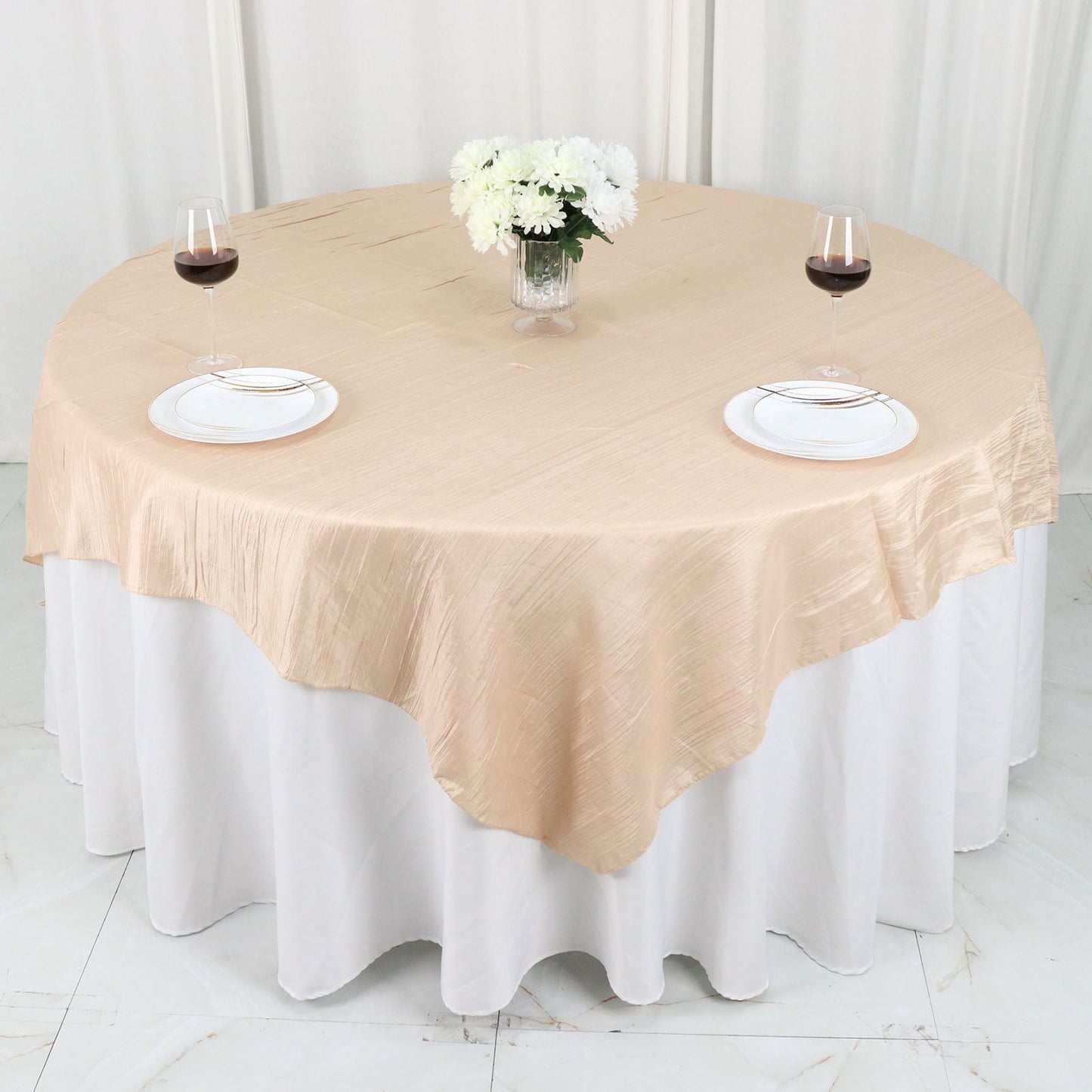 72 Inch x 72 Inch Square Table Overlay in Beige Crinkle Taffeta Fabric