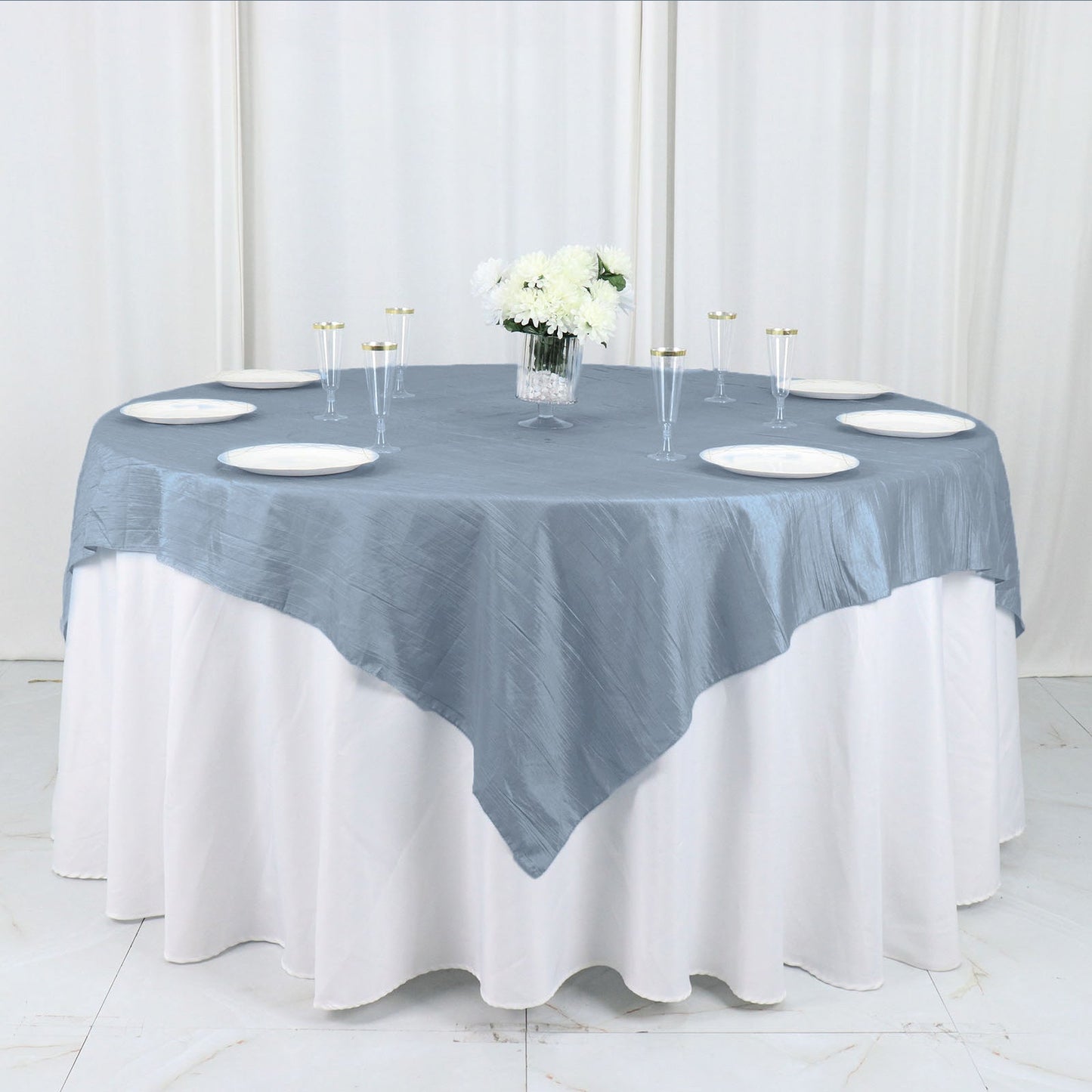 72"x72" Dusty Blue Accordion Crinkle Taffeta Table Overlay, Square Tablecloth Topper