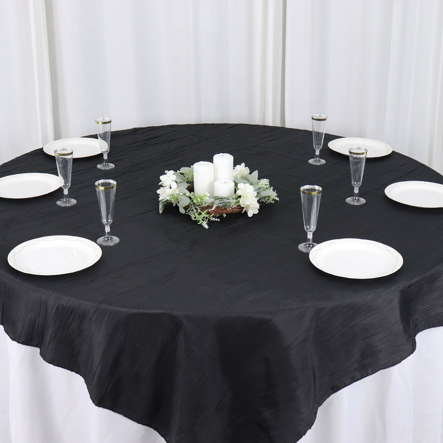 Square Table Overlay in Black Accordion Crinkle Taffeta 72 Inch x 72 Inch