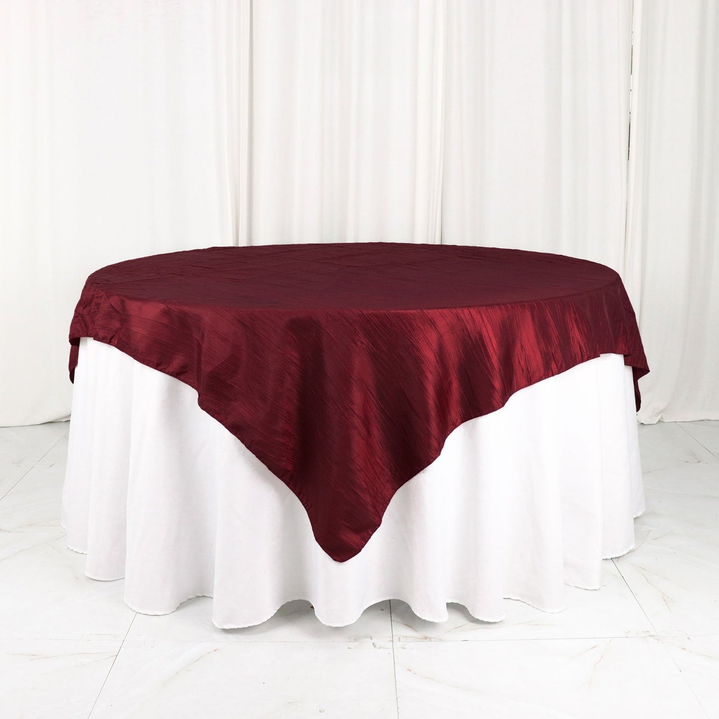 Accordion Crinkle Taffeta Square Burgundy Table Overlay 72 Inch x 72 Inch 