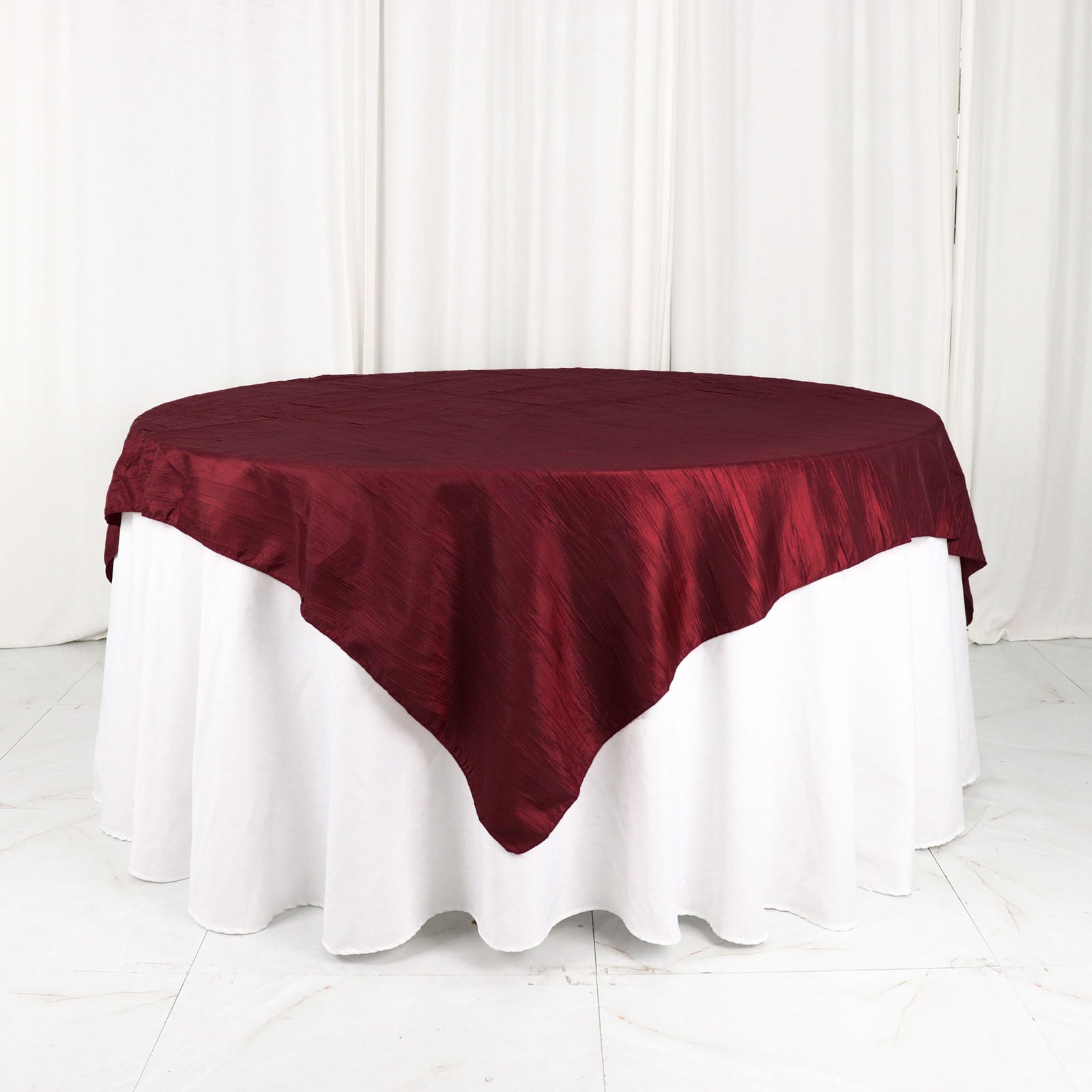 Accordion Crinkle Taffeta Square Burgundy Table Overlay 72 Inch x 72 Inch 