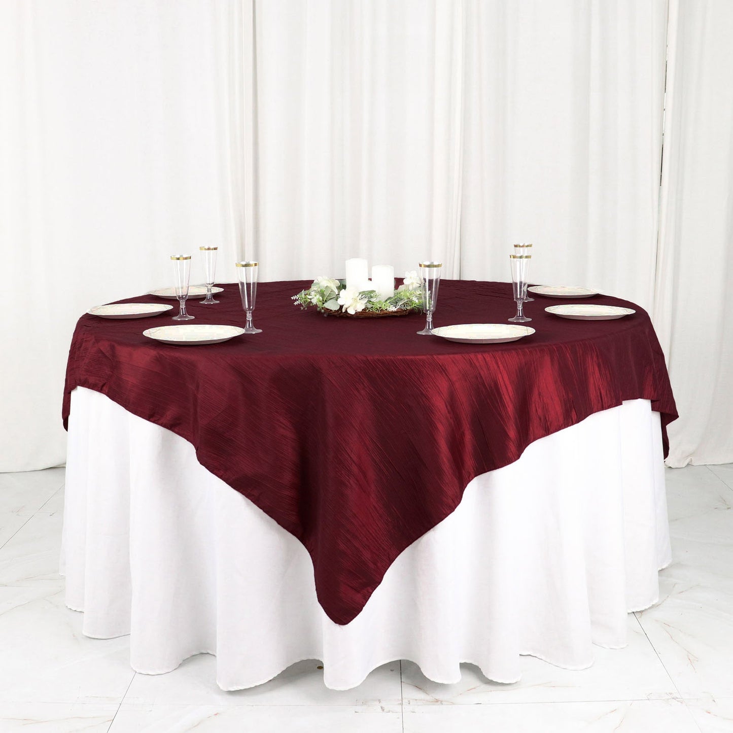 72"x72" Burgundy Accordion Crinkle Taffeta Table Overlay, Square Tablecloth Topper