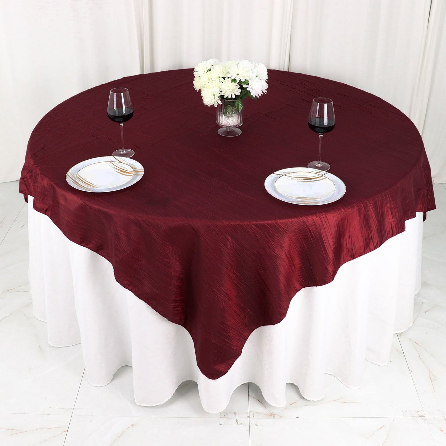 Crinkle Taffeta Accordion Burgundy Square Table Overlay 72 Inch x 72 Inch 