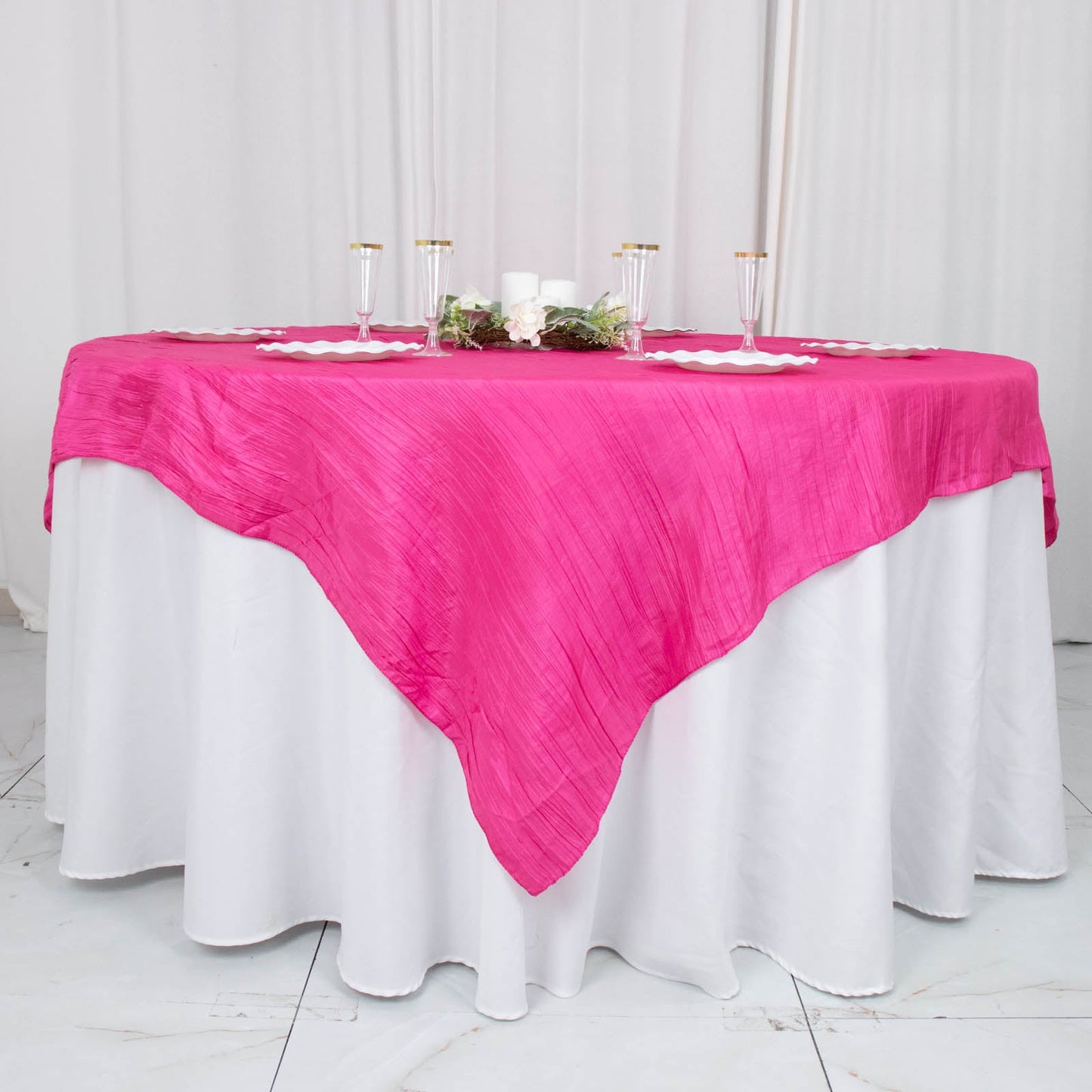 72inch x 72inch Fuchsia Accordion Crinkle Taffeta Table Overlay
