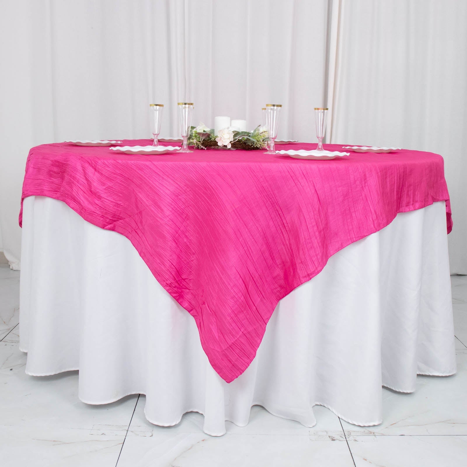 72inch x 72inch Fuchsia Accordion Crinkle Taffeta Table Overlay