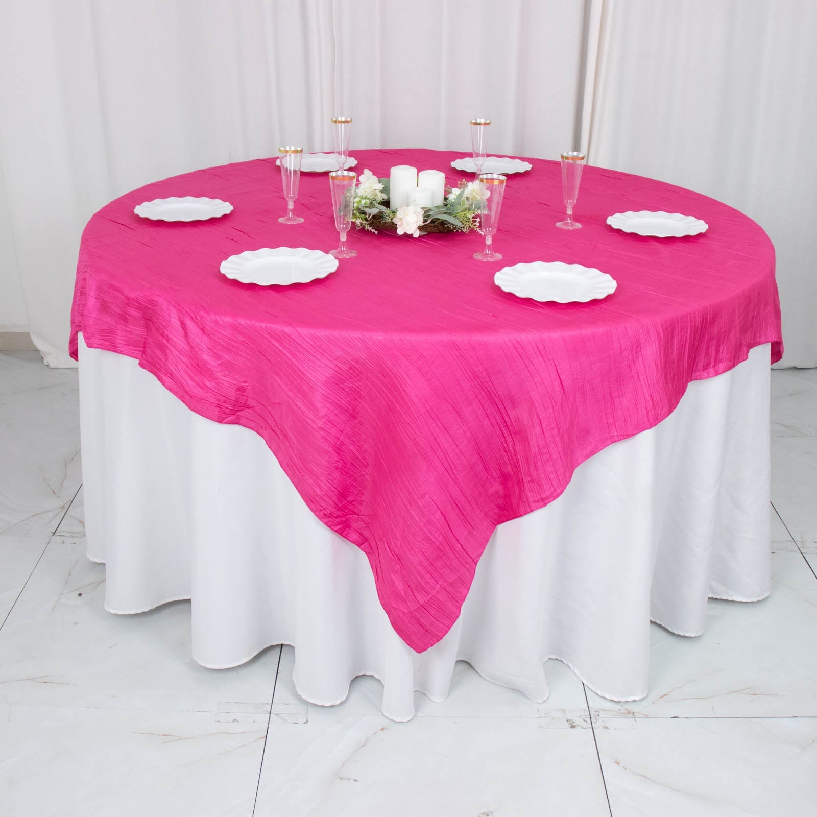 72inch x 72inch Fuchsia Accordion Crinkle Taffeta Table Overlay