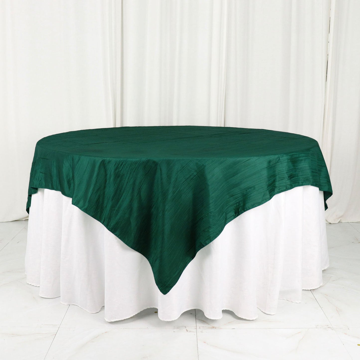 Accordion Crinkle Taffeta Square Hunter Emerald Green Table Overlay 72 Inch x 72 Inch 