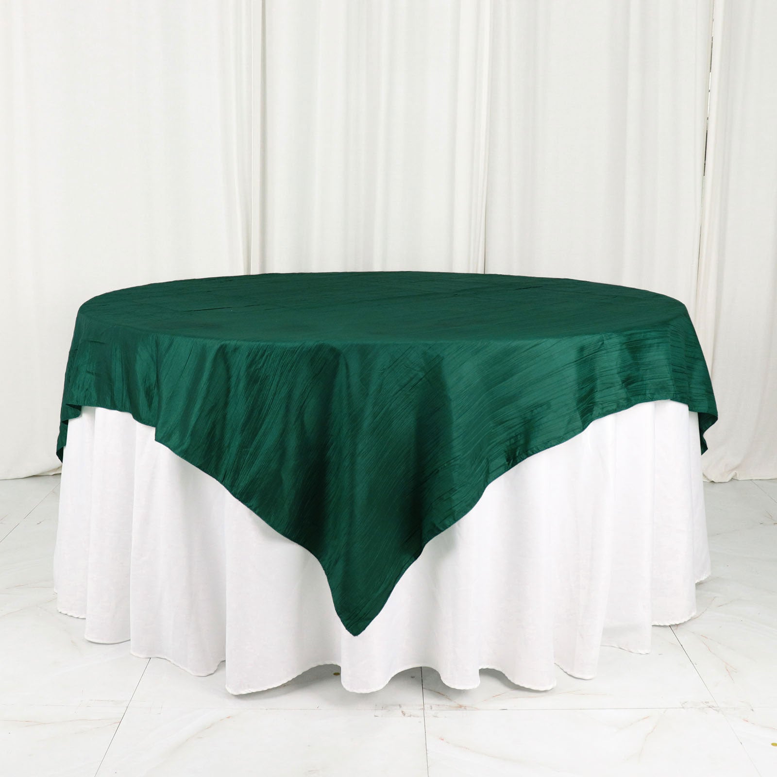 Accordion Crinkle Taffeta Square Hunter Emerald Green Table Overlay 72 Inch x 72 Inch 