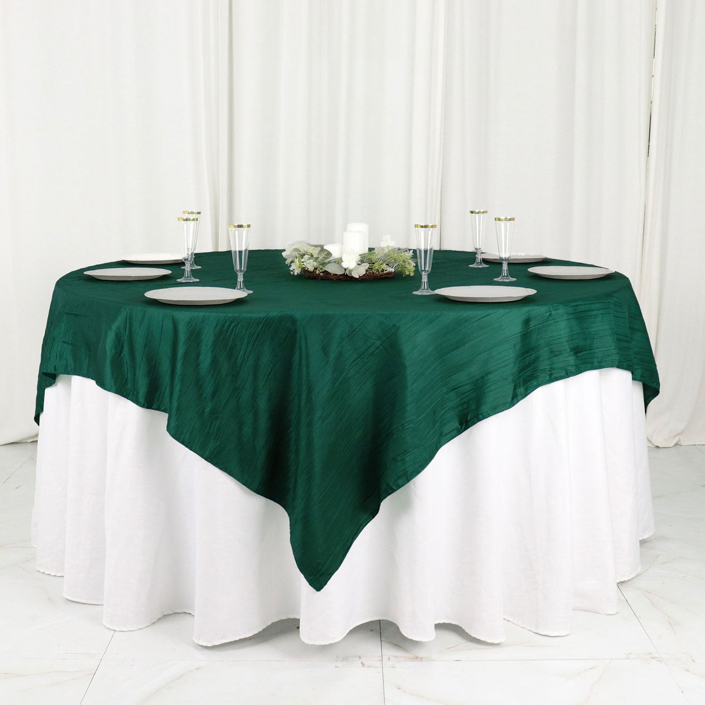 72"x72" Hunter Emerald Green Accordion Crinkle Taffeta Table Overlay, Square Tablecloth Topper