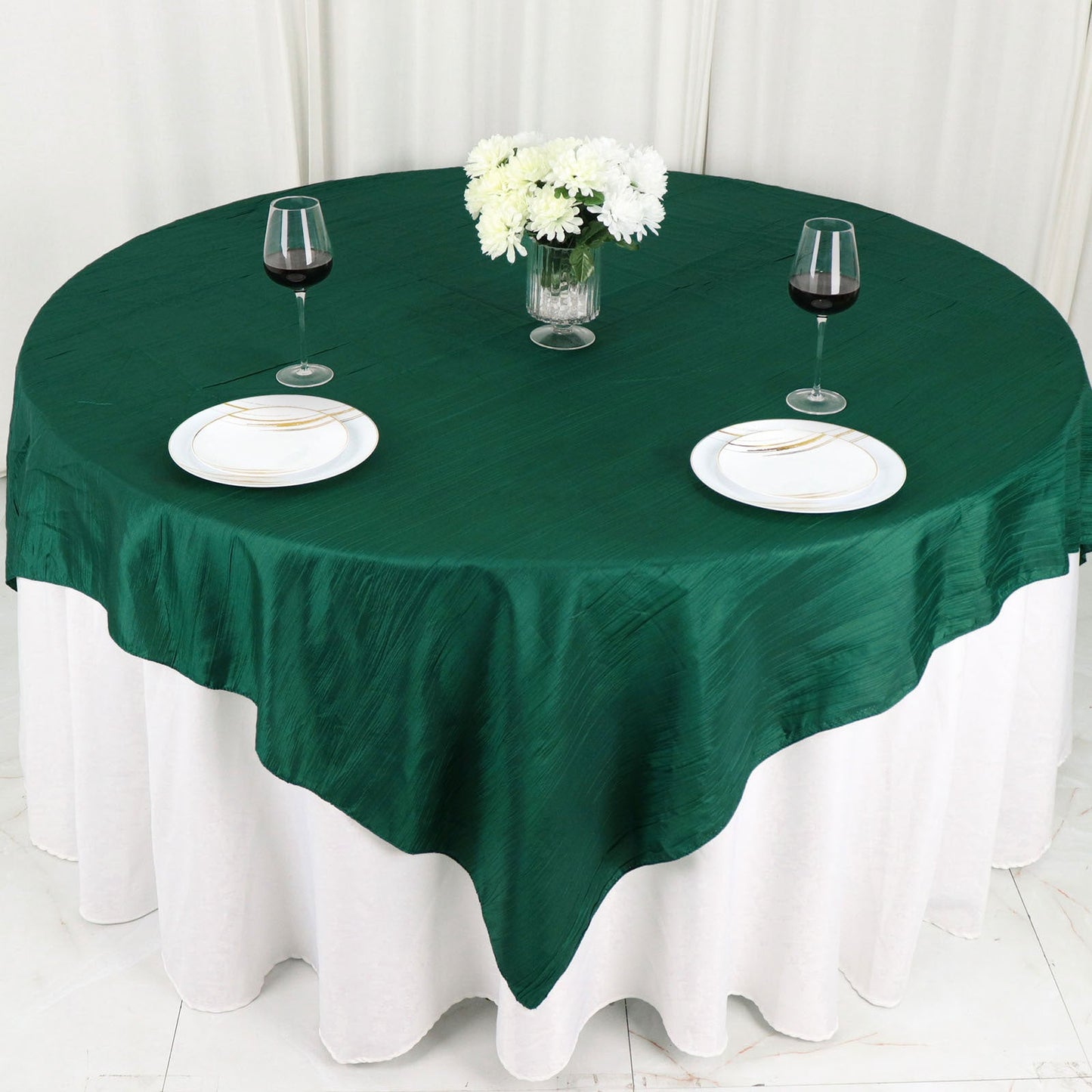 Crinkle Taffeta Accordion Hunter Emerald Green Square Table Overlay 72 Inch x 72 Inch 