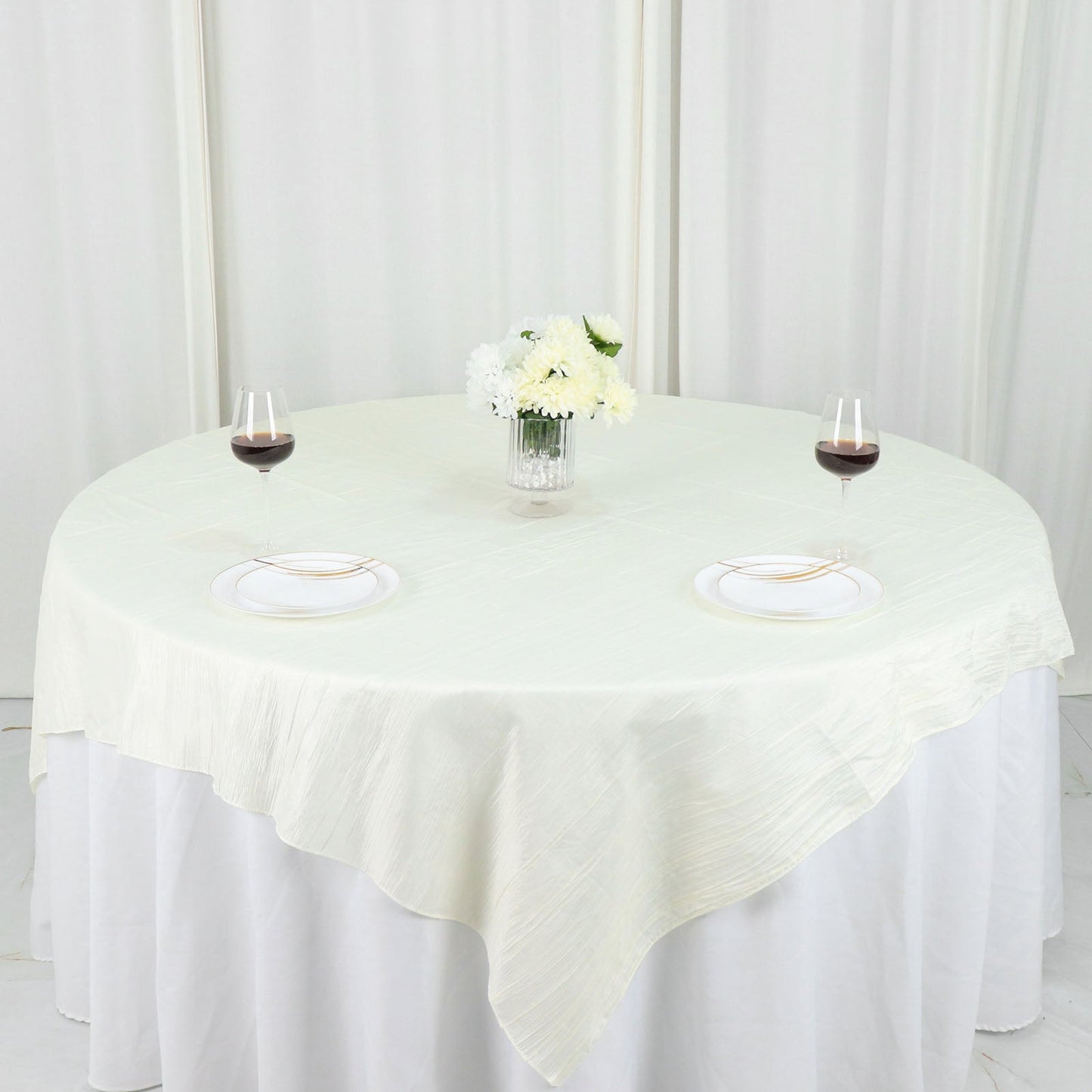 72"x72" Ivory Accordion Crinkle Taffeta Table Overlay, Square Tablecloth Topper
