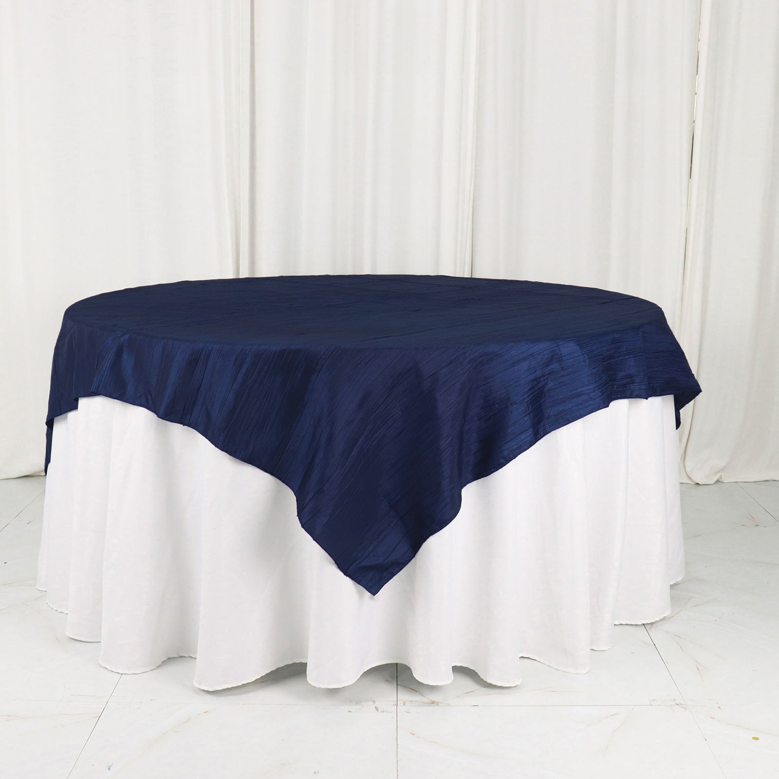 Accordion Crinkle Taffeta Square Navy Blue Table Overlay 72 Inch x 72 Inch 
