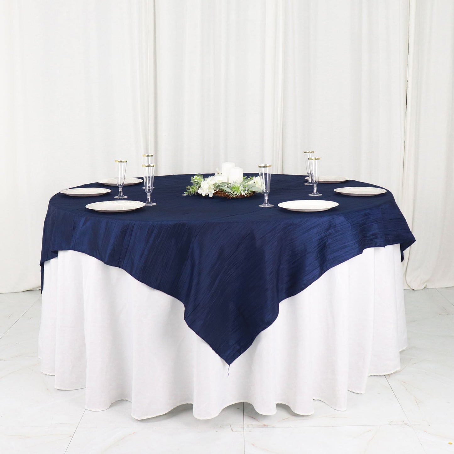 72"x72" Navy Blue Accordion Crinkle Taffeta Table Overlay, Square Tablecloth Topper