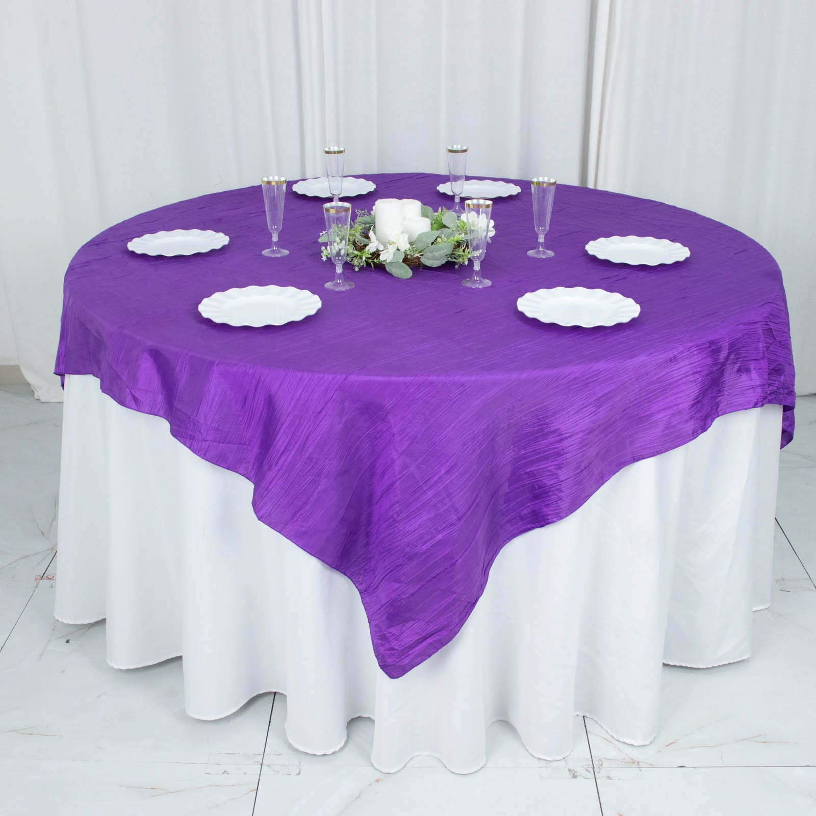 72inch x 72inch Purple Accordion Crinkle Taffeta Table Overlay, Square Tablecloth Topper