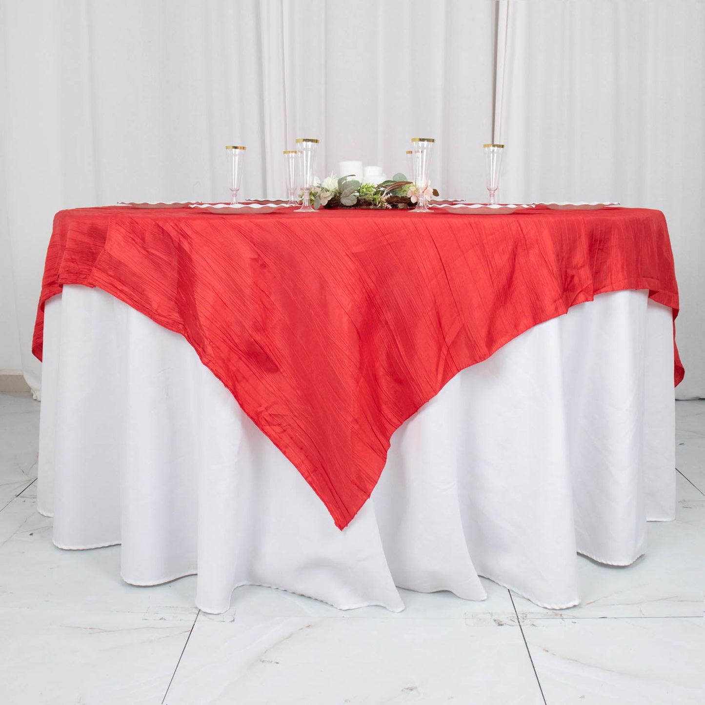 72inch x 72inch Red Accordion Crinkle Taffeta Table Overlay, Square Tablecloth Topper