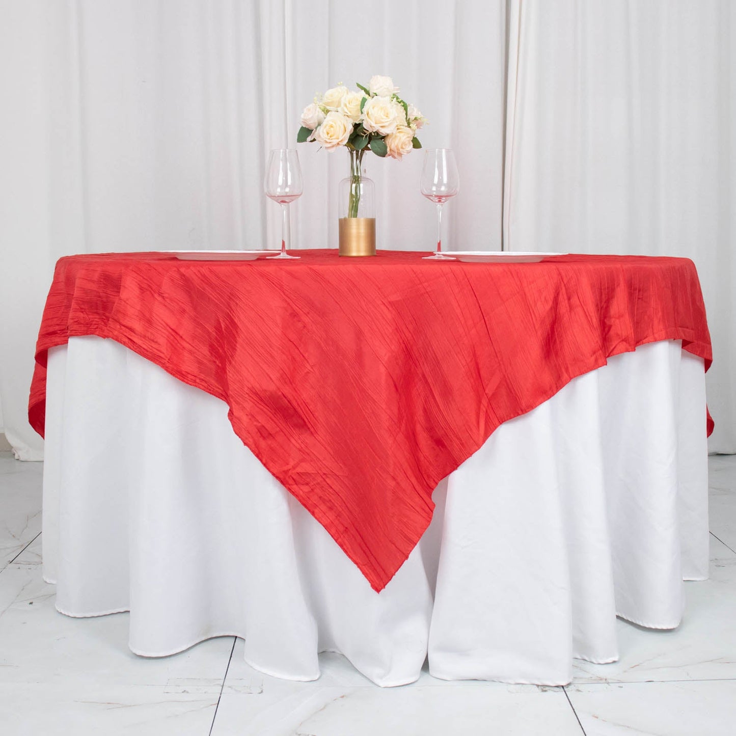 72"x72" Red Accordion Crinkle Taffeta Table Overlay, Square Tablecloth Topper