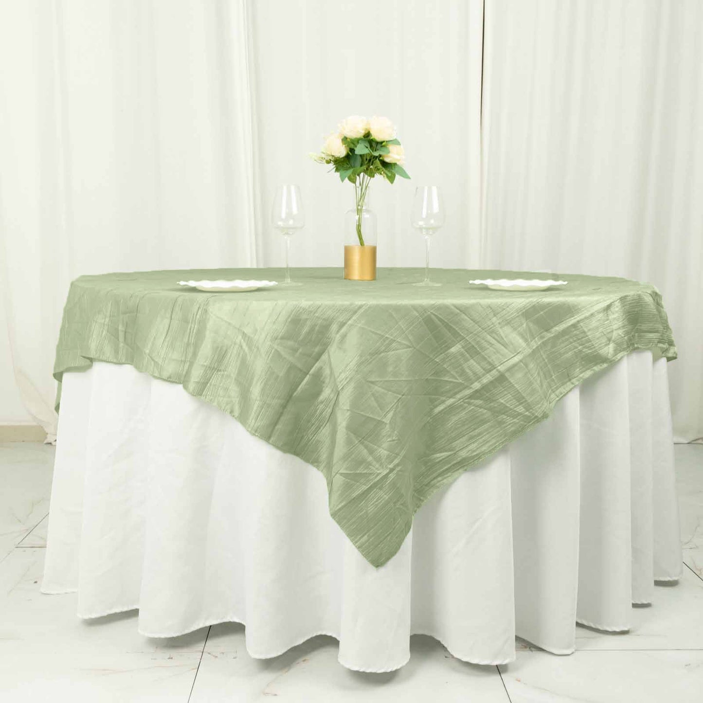 72"x72" Sage Green Accordion Crinkle Taffeta Table Overlay, Square Tablecloth Topper