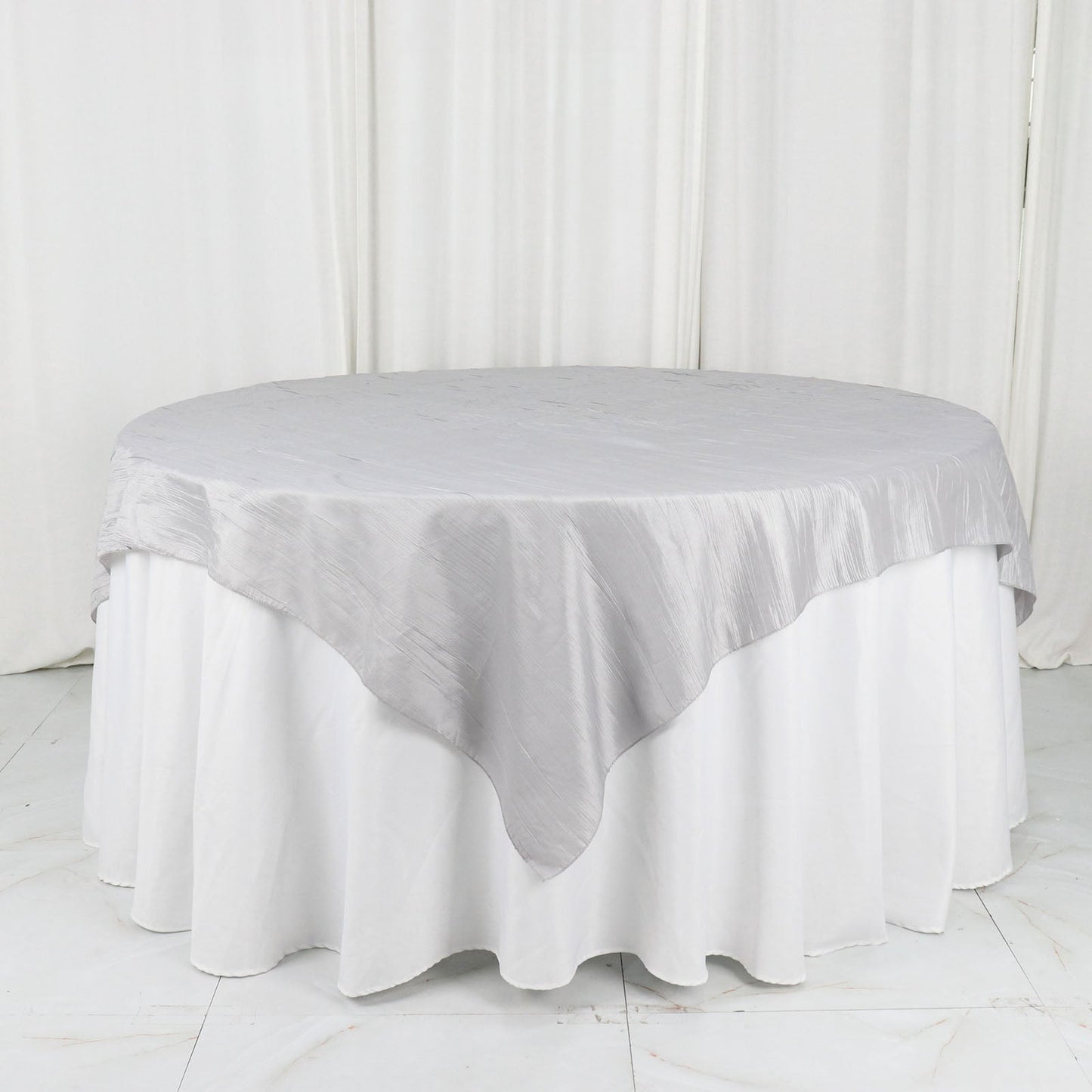 Accordion Crinkle Taffeta Square Silver Table Overlay 72 Inch x 72 Inch 