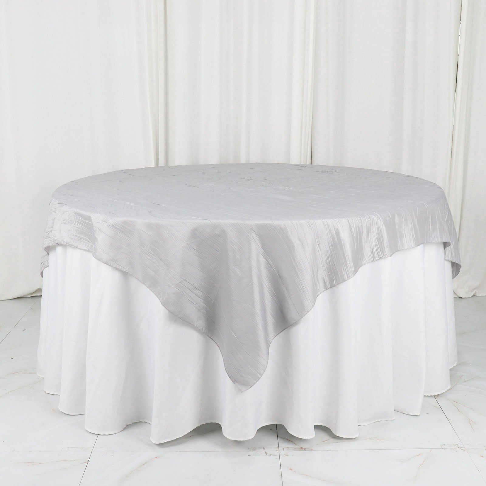Accordion Crinkle Taffeta Square Silver Table Overlay 72 Inch x 72 Inch 