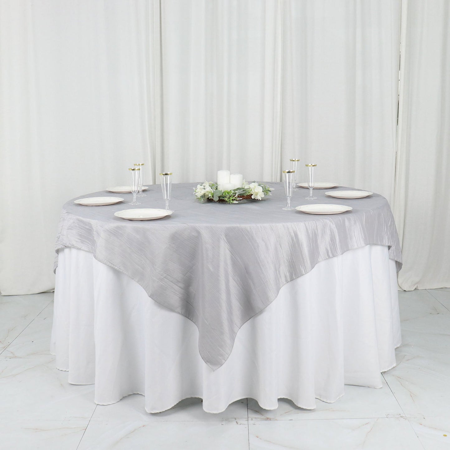 72"x72" Silver Accordion Crinkle Taffeta Table Overlay, Square Tablecloth Topper