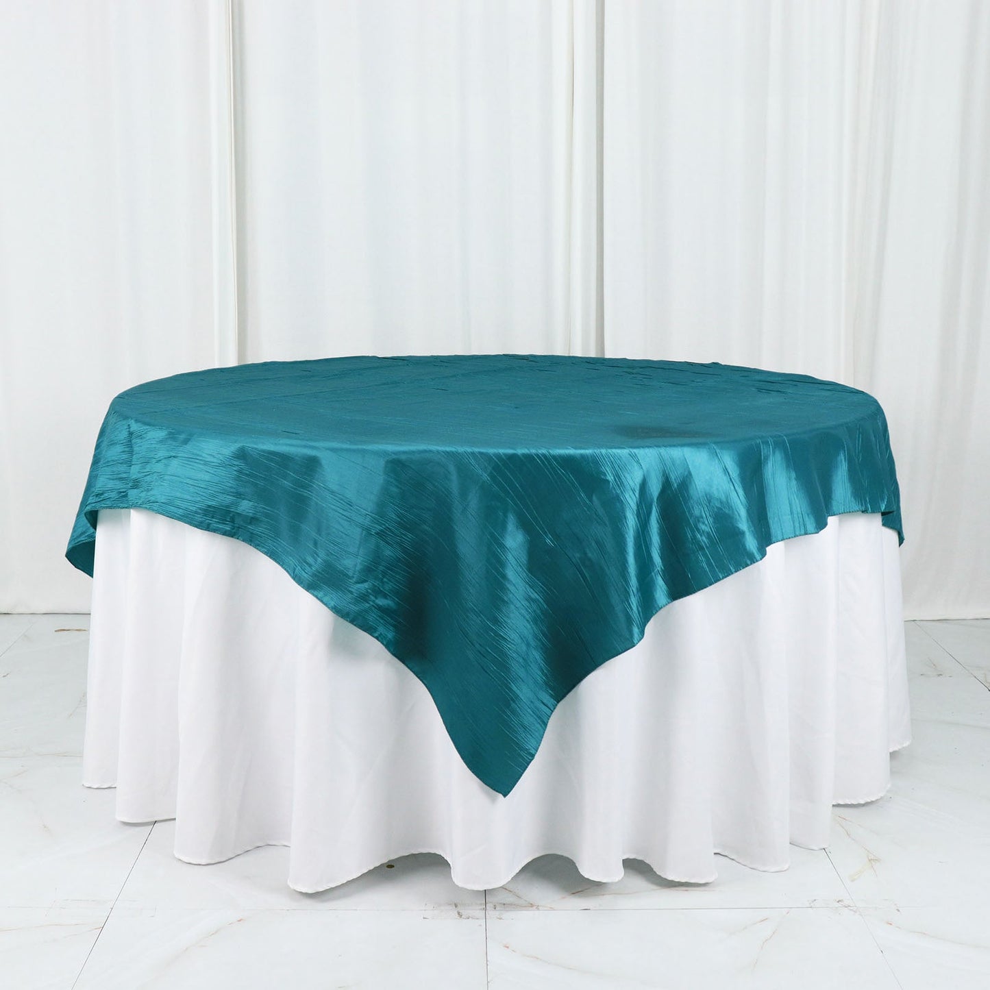 Accordion Crinkle Taffeta Square Peacock Teal Table Overlay 72 Inch x 72 Inch 