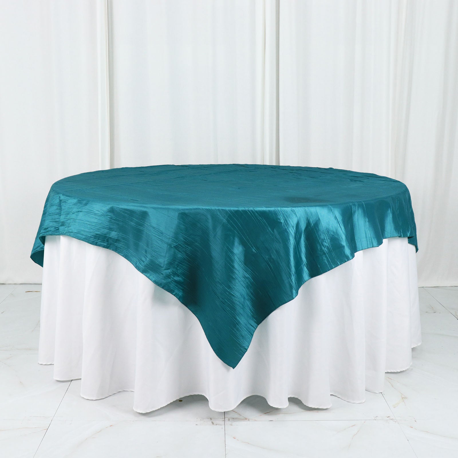 Accordion Crinkle Taffeta Square Peacock Teal Table Overlay 72 Inch x 72 Inch 