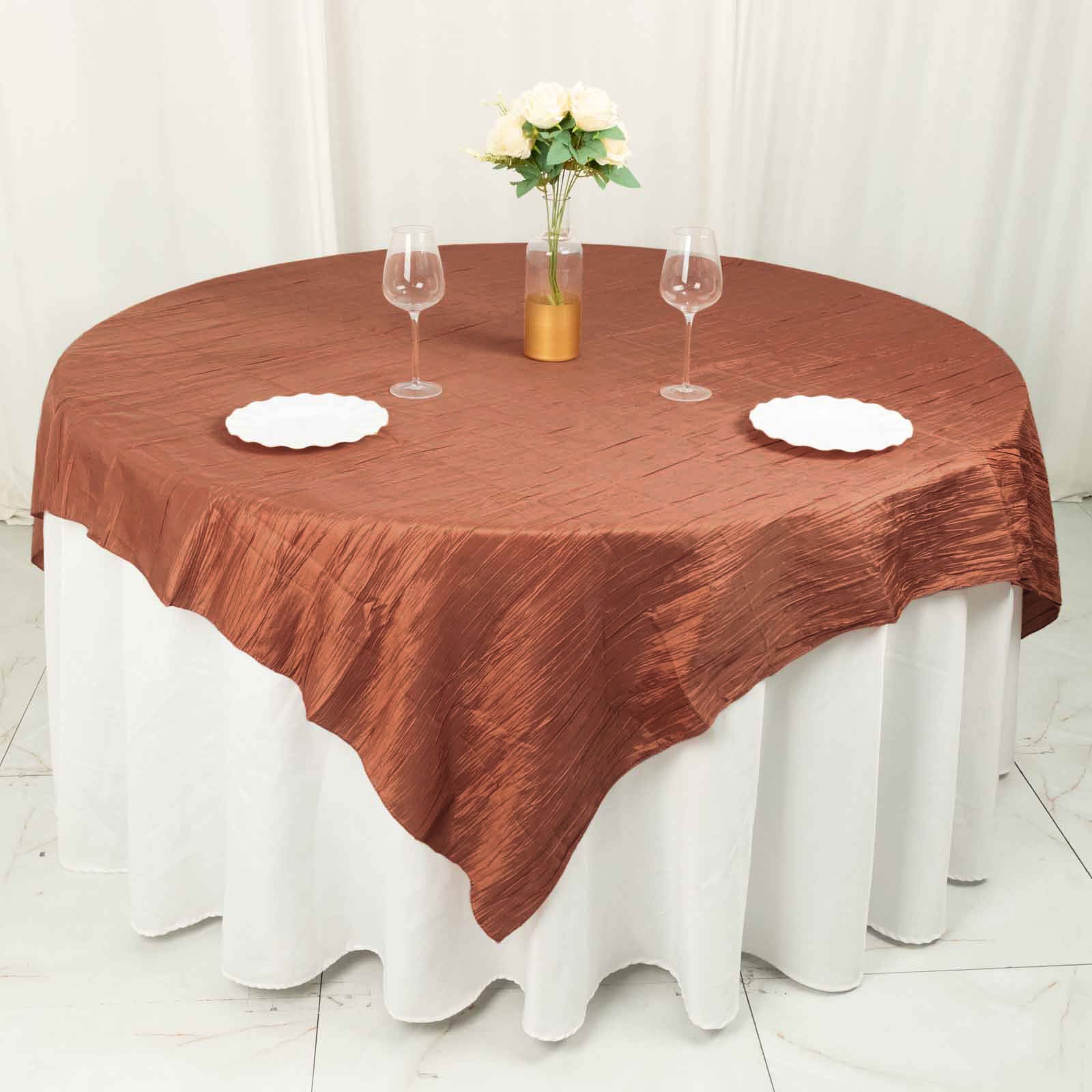 72x72inch Terracotta Accordion Crinkle Taffeta Table Overlay, Square Tablecloth Topper