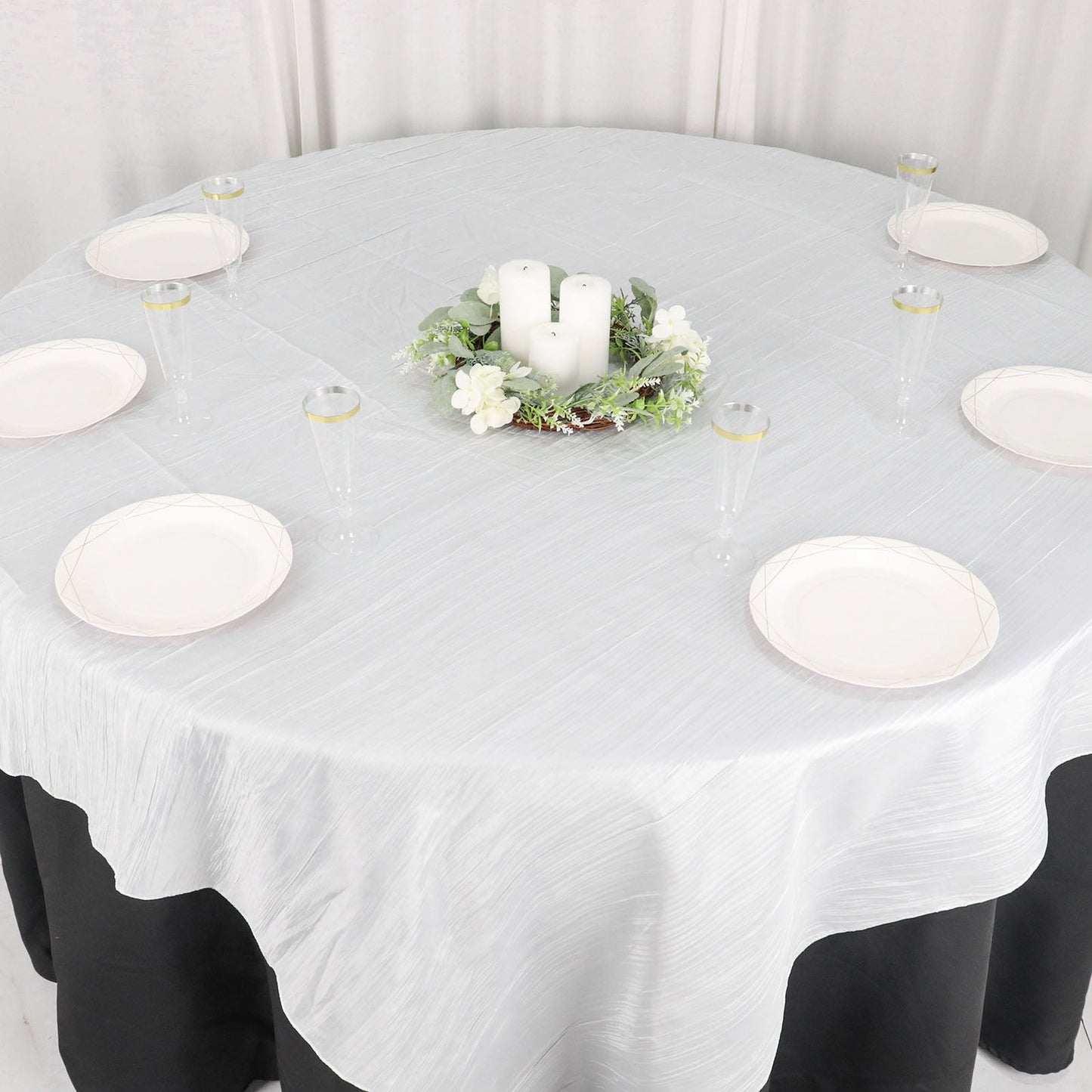 72 Inch x 72 Inch Square White Accordion Crinkle Taffeta Material Table Overlay 