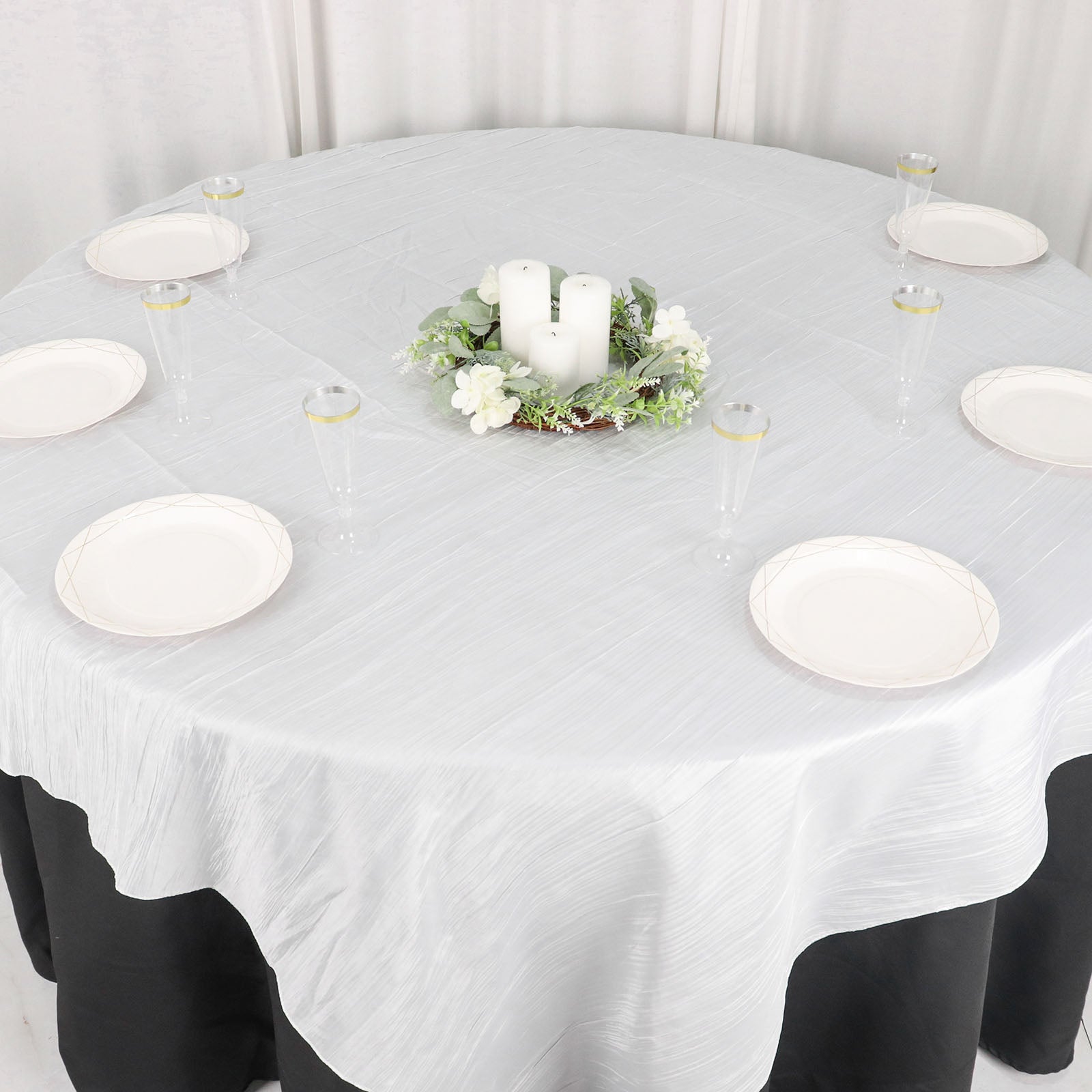 72 Inch x 72 Inch Square White Accordion Crinkle Taffeta Material Table Overlay 
