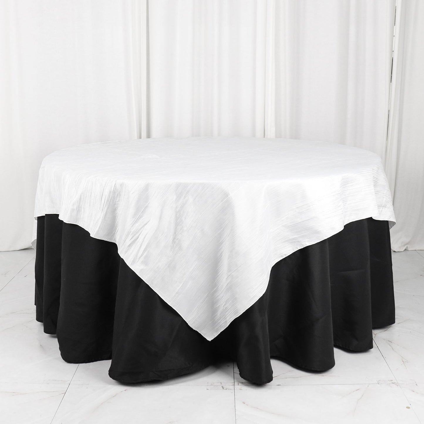 Accordion Crinkle Taffeta Square White Table Overlay 72 Inch x 72 Inch 