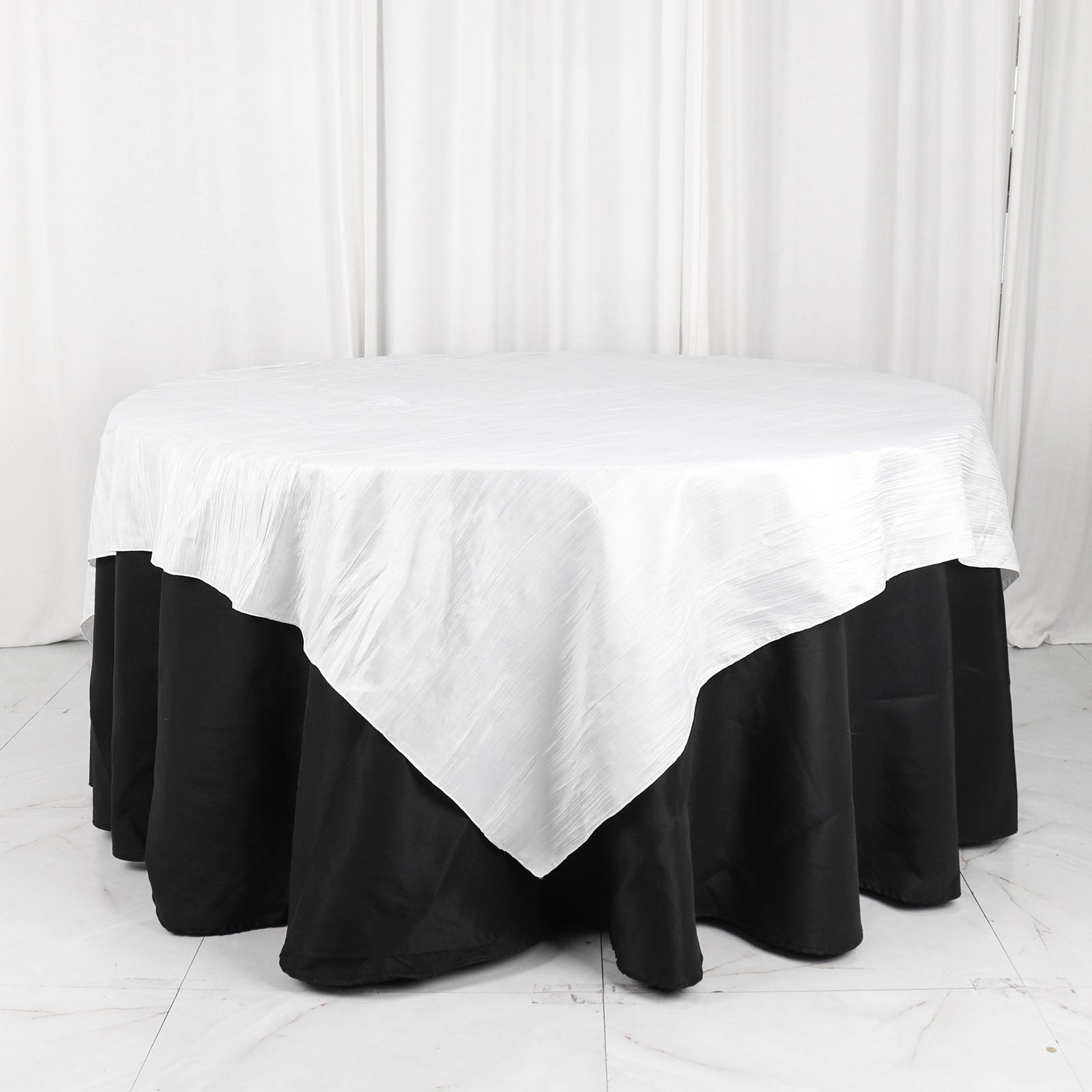 Accordion Crinkle Taffeta Square White Table Overlay 72 Inch x 72 Inch 