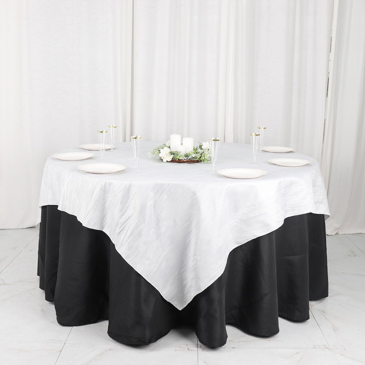 72"x72" White Accordion Crinkle Taffeta Table Overlay, Square Tablecloth Topper