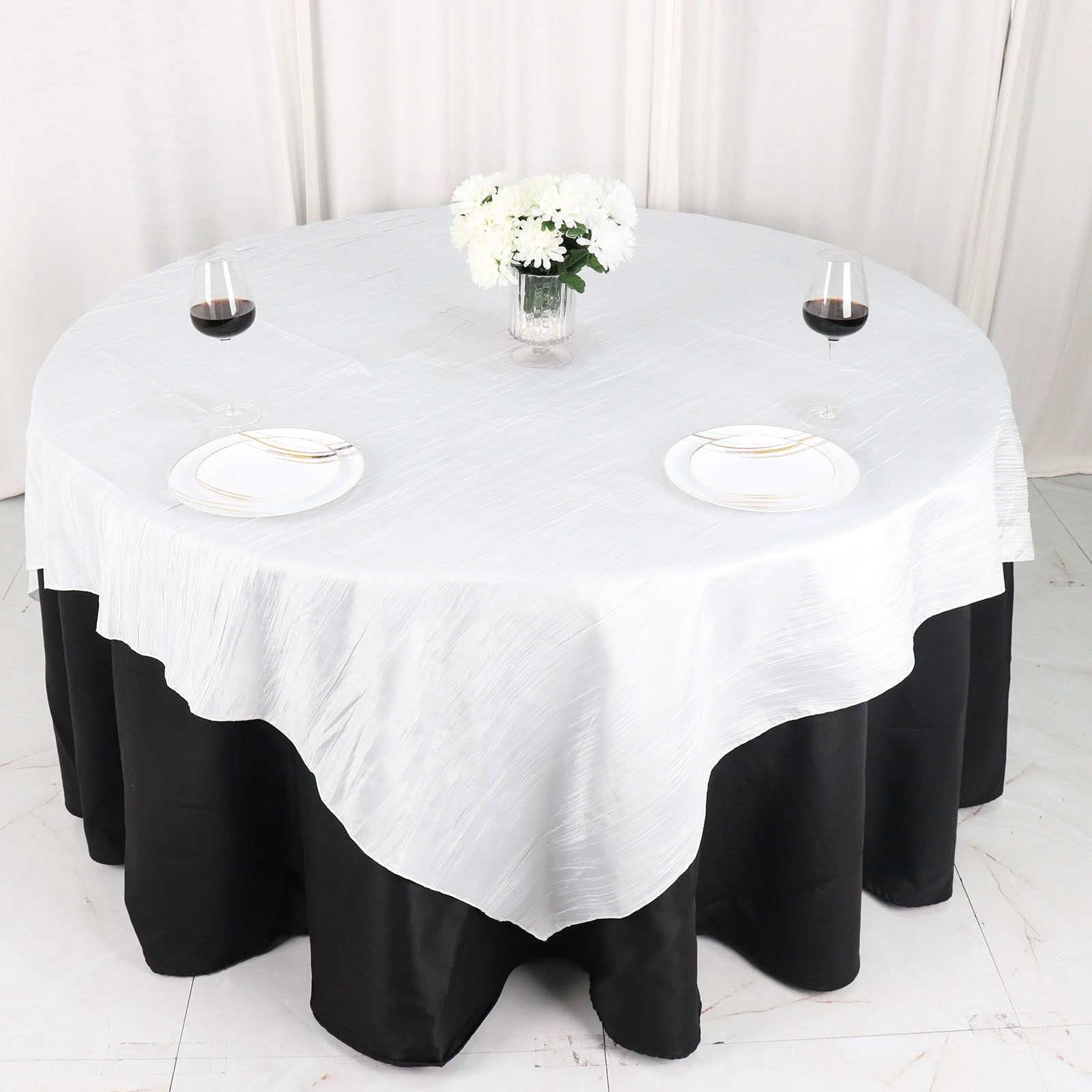 Crinkle Taffeta Accordion White Square Table Overlay 72 Inch x 72 Inch 