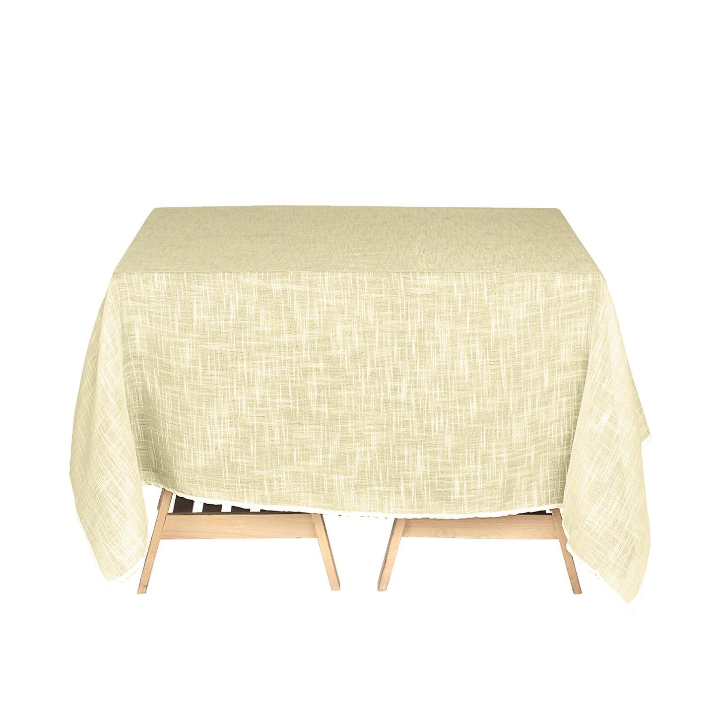Ivory textured linen square table overlay on a wooden table.