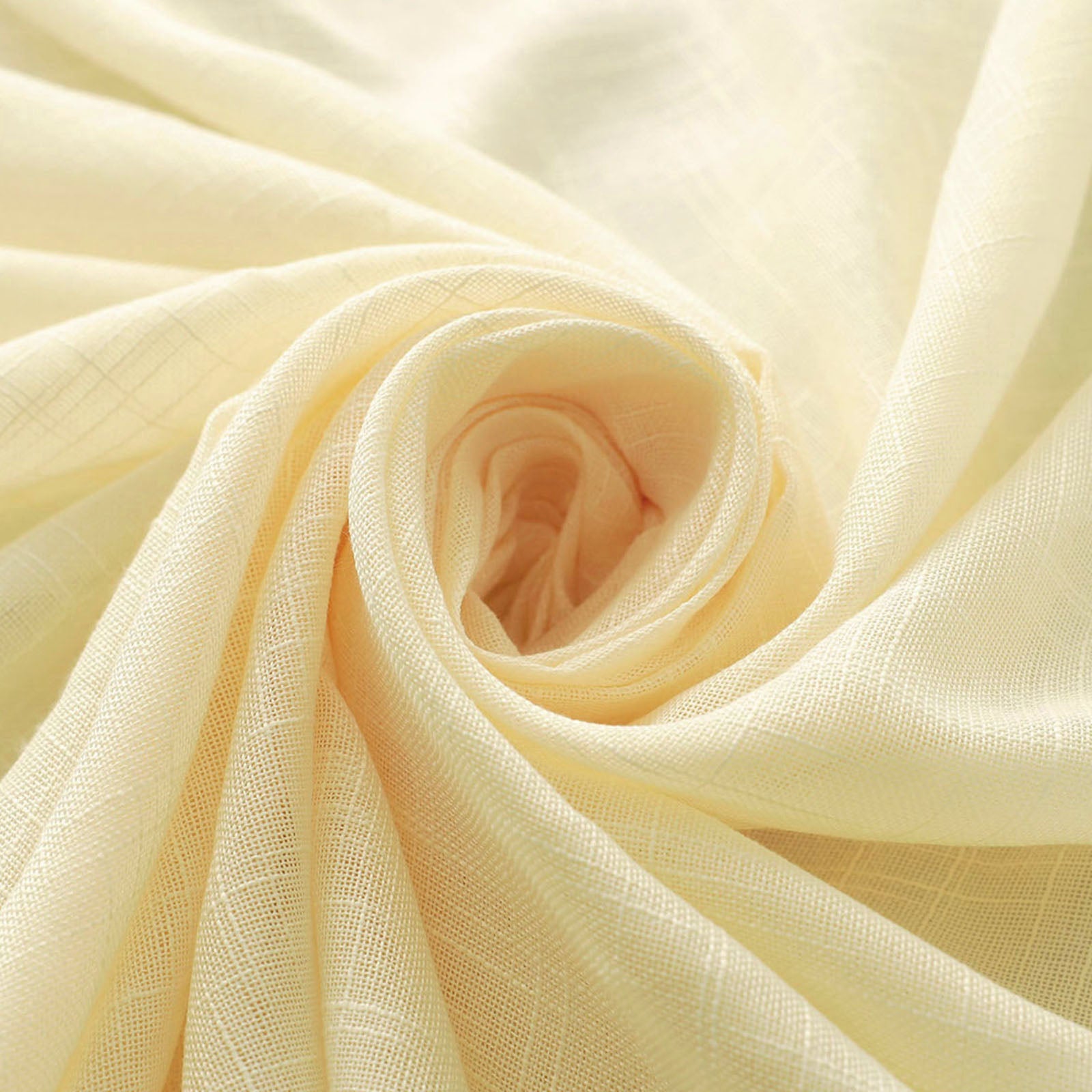Ivory slubby textured linen table overlay, wrinkle resistant polyester.