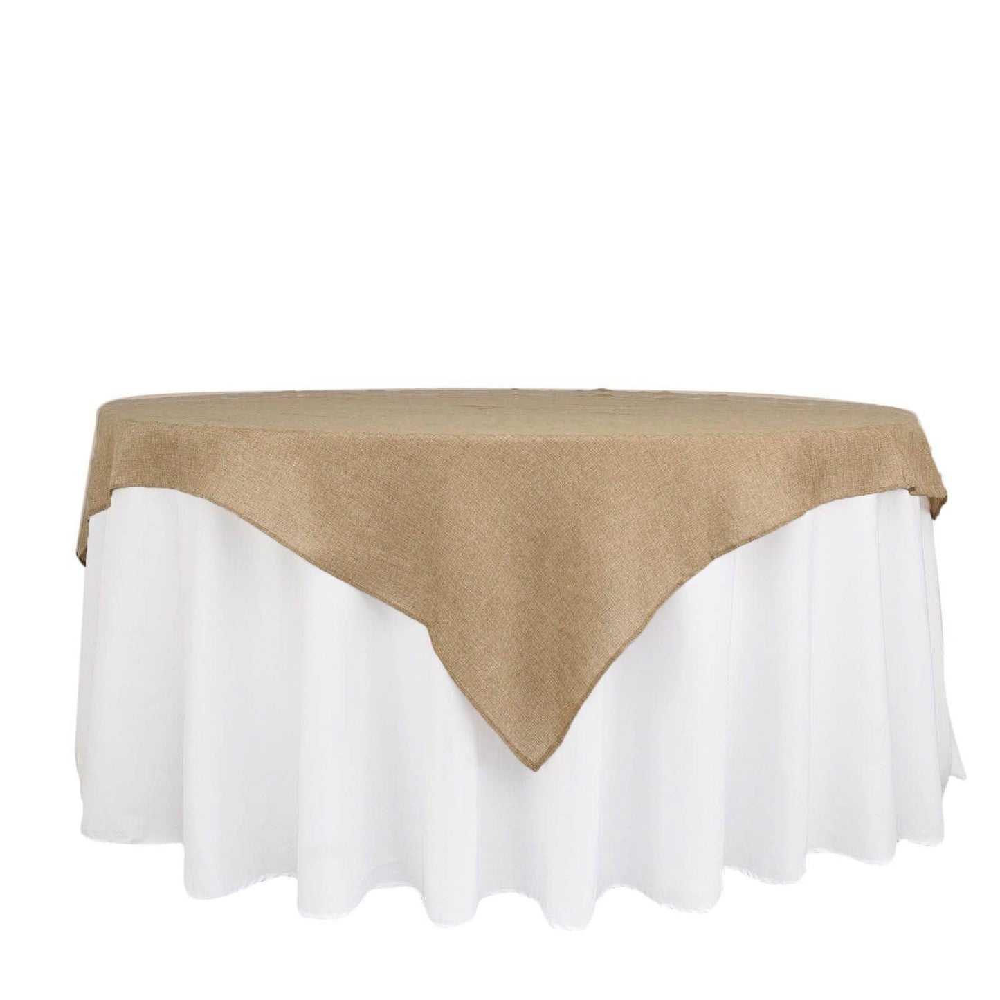 Natural faux jute burlap square table overlay on a white tablecloth.